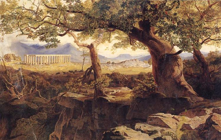 Lear, Edward The Temple of Bassae or Phigaleia,in Arcadia from the Oakwoods of Mount Cotylium.The Hills of Sparta,Ithome and Navarino in the Distance china oil painting image